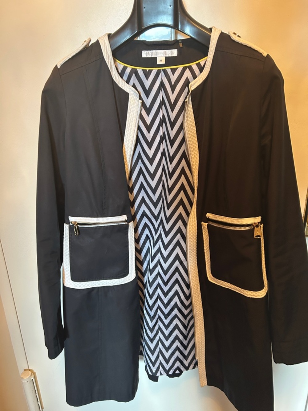 W by Worth Black Coat with Cream Trim and Chevron Lining